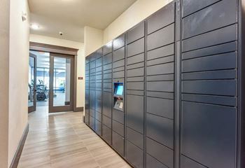 Package locker system with touchscreen in mail room